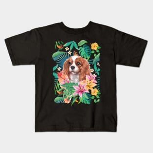 Tropical Blenheim Cavalier King Charles Spaniel Puppy Kids T-Shirt